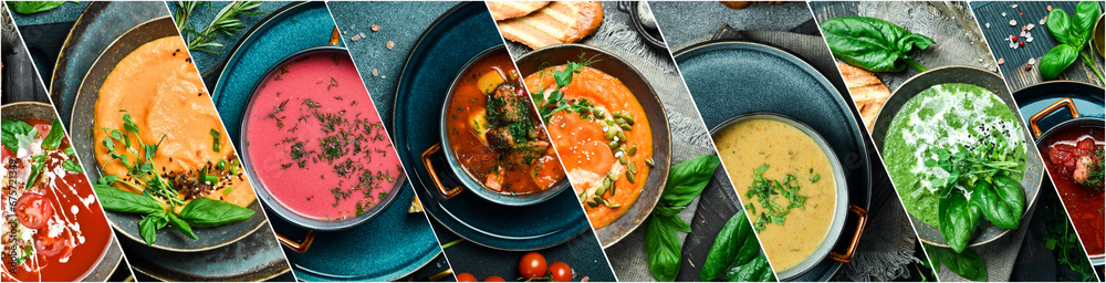 Photo collage of various soups and cream soups. A set of colored soups in bowls. Photo banner for a food site. - obrazy, fototapety, plakaty 