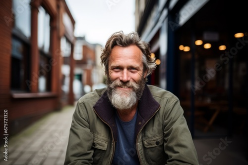 Portrait of a handsome senior man with long grey hair and beard, wearing a green jacket, standing in an urban context.
