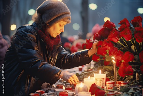 Young widow at funeral with candles and flowers mourning