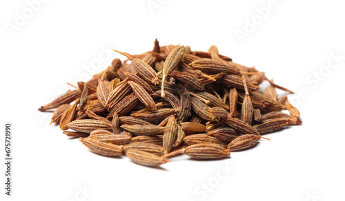 Heap of aromatic caraway (Persian cumin) seeds isolated on white photo