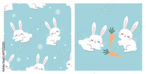 Christmas seamless pattern with bunny rabbit cartoon and snowflakes on green mint background vector illustration.