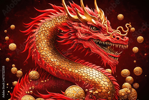 Symbol of Chinese New Year Majestic fiery red dragon. Traditional Asian zodiac sign according to eastern lunar calendar