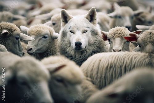 White wolf in the herd of sheep. Ai generated illustration