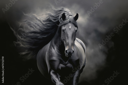 Gorgeous horse with long flowing mane on the run, stunning illustration, dark background © Cheport