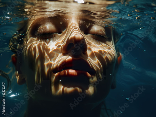 Calm and peaceful female face underwater  close-up to the water surface  photorealistic creative ai