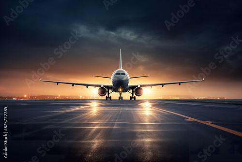 Ready for take off. Passenger jet airplane at runway at sunset. Photorealistic illustration. Creative ai