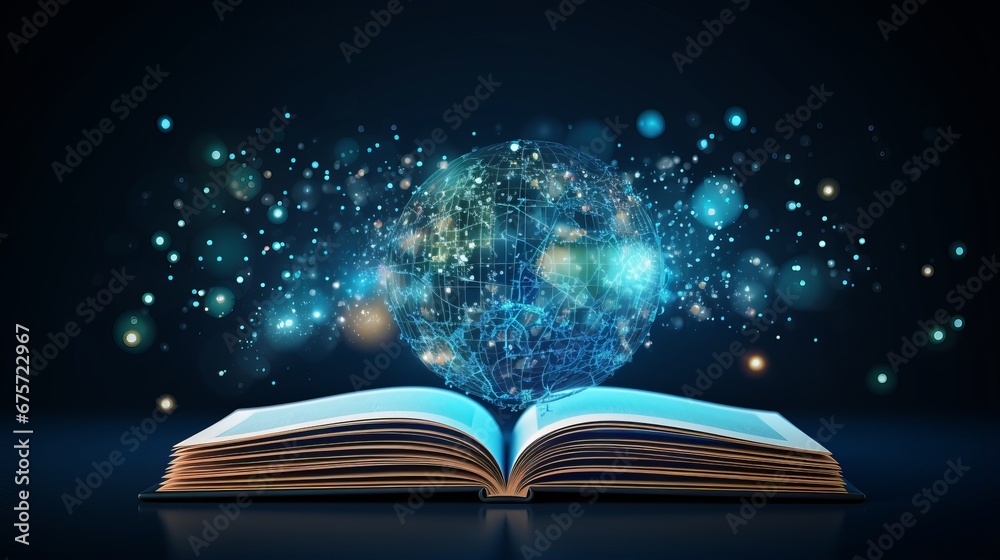 Open Book Displaying Futuristic Digital Globe and Blue Particles on Dark Background - obrazy, fototapety, plakaty 