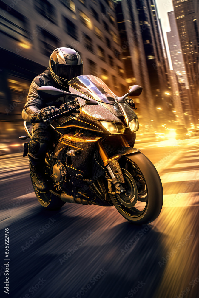 aA biker riding across city street on high speed, blurred motion. Photorealistic illustration