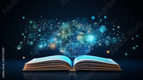 Open Book Displaying Futuristic Digital Globe and Blue Particles on Dark Background