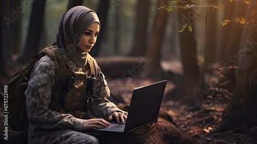 Hijab Muslim female cadet with laptop near blackboard. Military concept photo