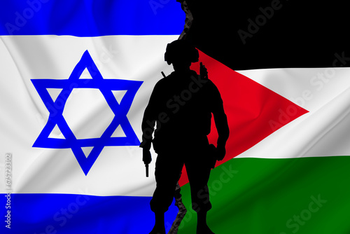 the silhouette of a soldier with a machine gun is against the background of the Israeli and Palestinian flag Generated using AI photo