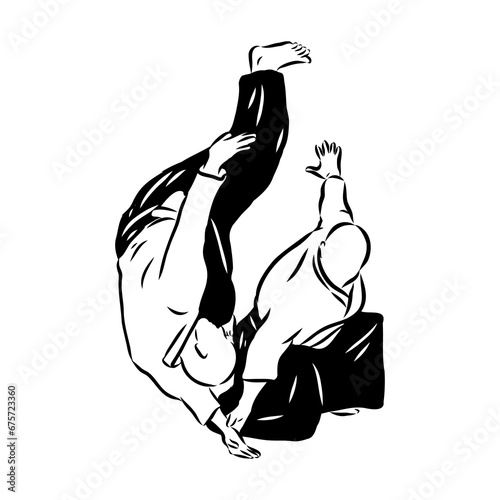 Aikido combat between athletes, stylized vector illustration