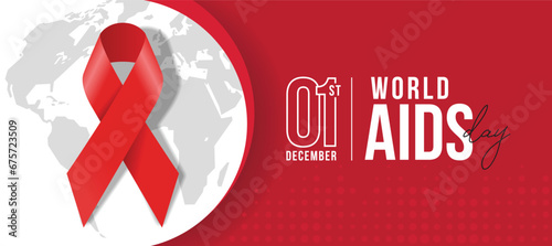 Slika na platnu world aids day - text and red ribbon sign on circle globe texture and red dot te