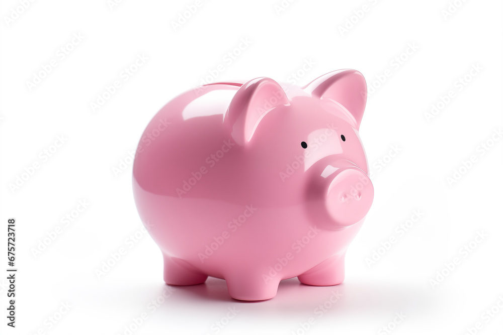 ピンク色の豚の貯金箱、白背景