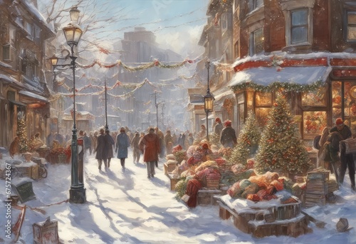 Snow-covered street, Christmas holiday wreaths, lamppost ribbons, shoppers bustling, joyous atmosphere, clear winter day,  crisp sunlight, postcard effect © Reha