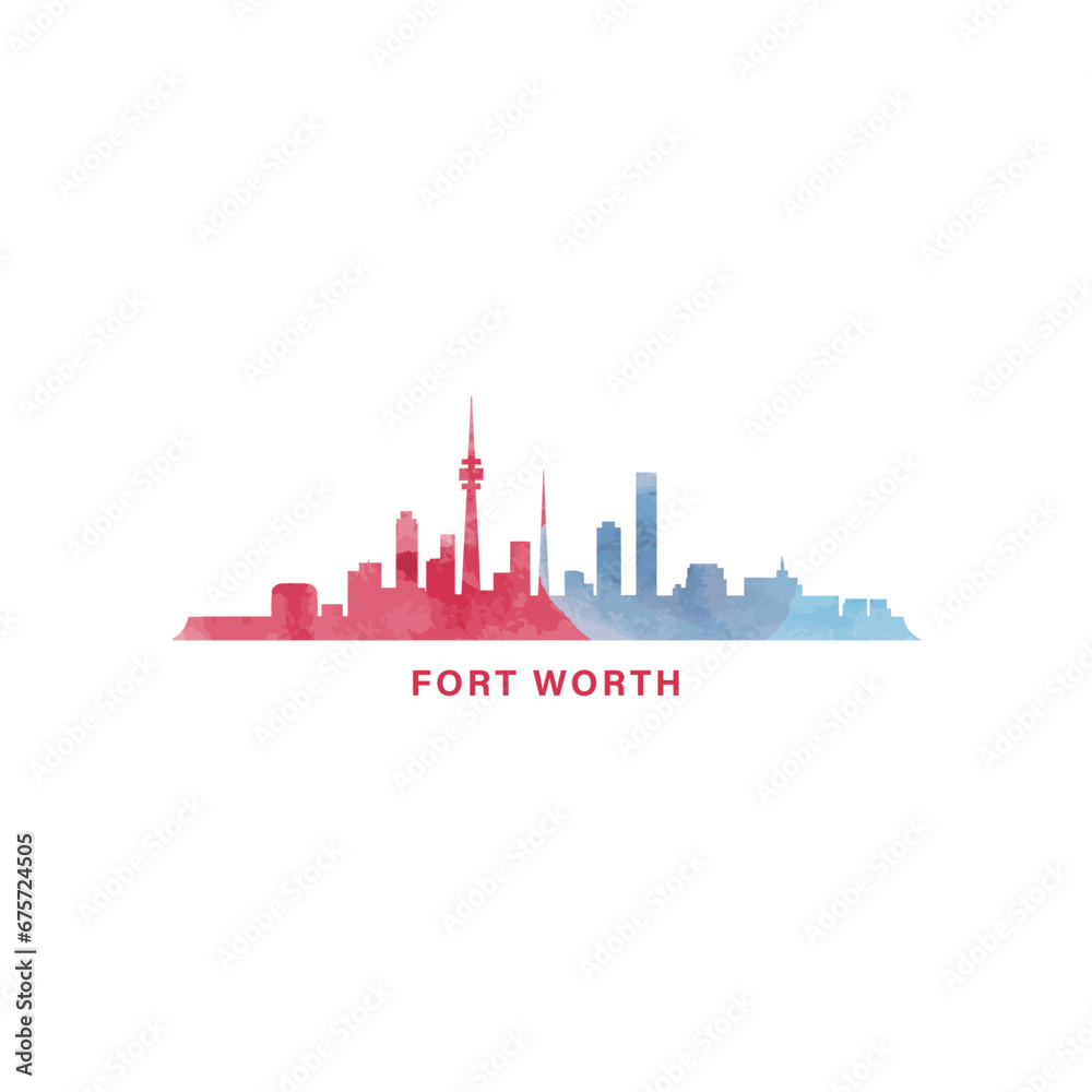 Fort Worth city US watercolor cityscape skyline panorama vector flat modern logo icon. USA, Texas state of America emblem with landmarks and building silhouettes. Isolated red and blue graphic