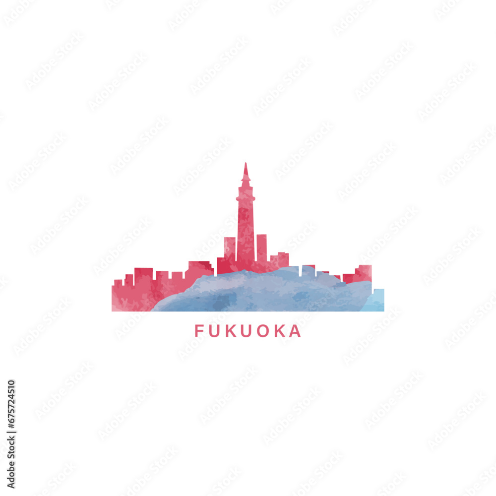 Fukuoka watercolor cityscape skyline city panorama vector flat modern logo, icon. Japan megapolis emblem concept with landmarks and building silhouettes. Isolated graphic