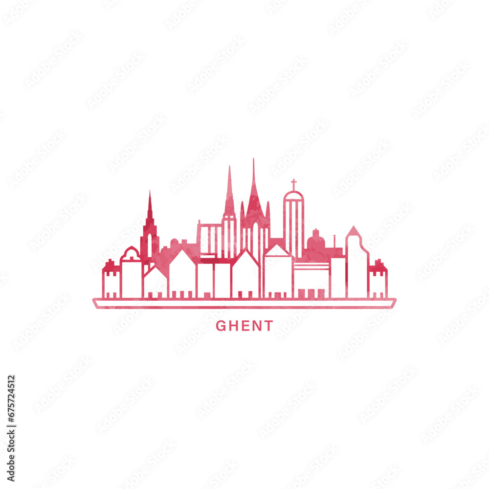 Ghent watercolor cityscape skyline city panorama vector flat modern logo, icon. Belgium town emblem concept with landmarks and building silhouettes. Isolated graphic