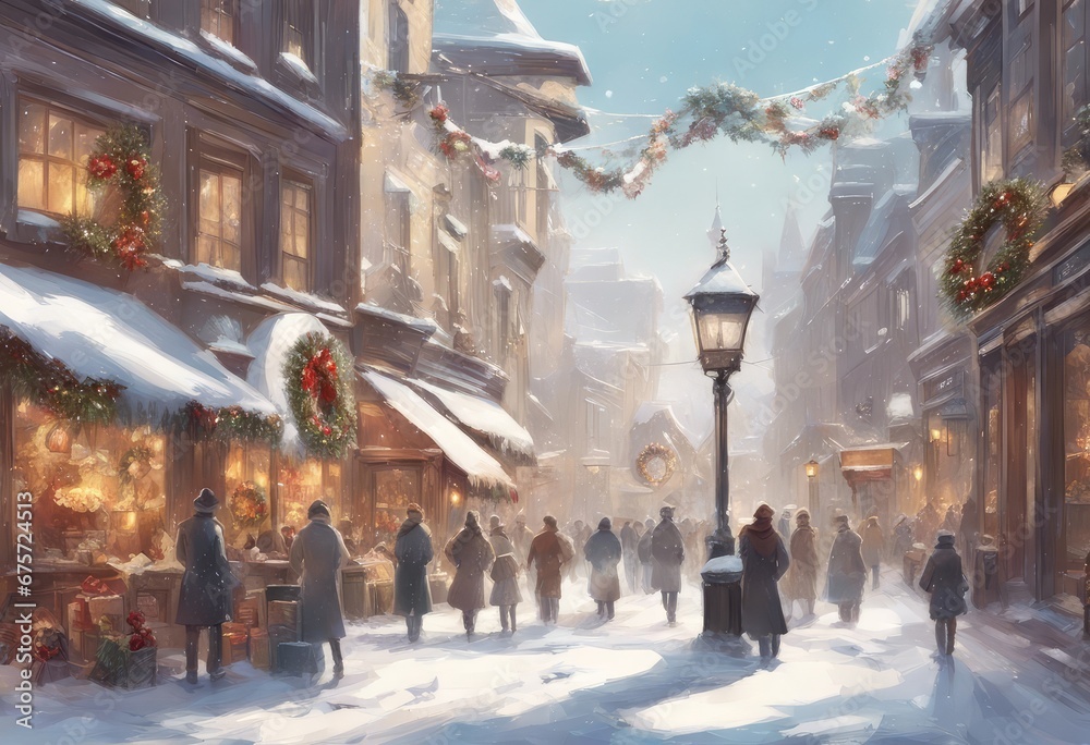 Snow-covered street, Christmas holiday wreaths, lamppost ribbons, shoppers bustling, joyous atmosphere, clear winter day,  crisp sunlight, postcard effect