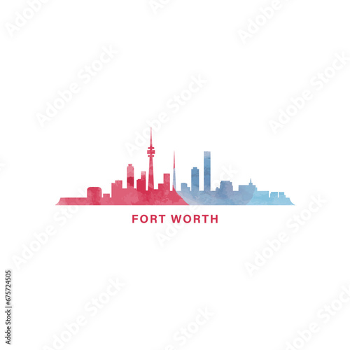 Fort Worth city US watercolor cityscape skyline panorama vector flat modern logo icon. USA, Texas state of America emblem with landmarks and building silhouettes. Isolated red and blue graphic