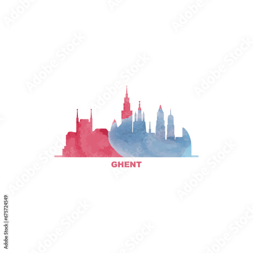 Ghent watercolor cityscape skyline city panorama vector flat modern logo, icon. Belgium town emblem concept with landmarks and building silhouettes. Isolated graphic