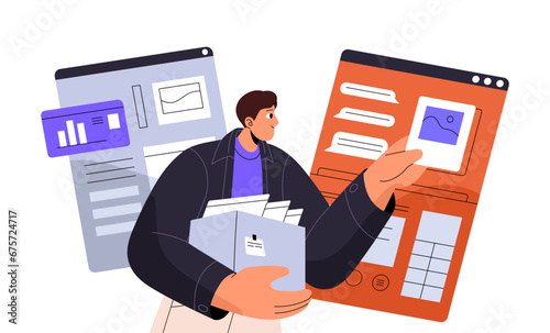Content manager upload data in web app, website. Worker add photo in online chat. Designer update digital product, interface. Man hold box with information. Flat isolated vector illustration on white