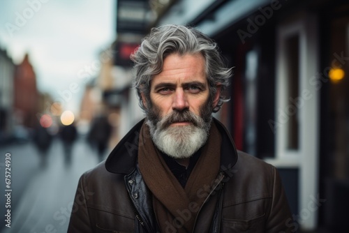 Portrait of a middle-aged man with gray hair and beard on a city street.