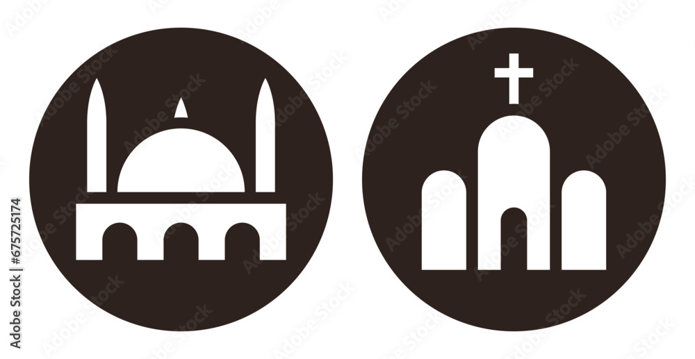 Mosque and church icon. Landmark signs. Religious symbols