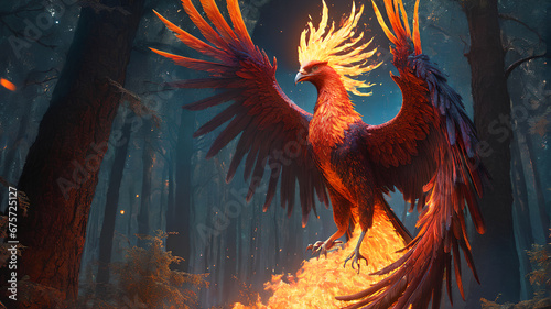 gigantic fiery phoenix. blazing wings light up the skies with majestic rebirth, generative AI