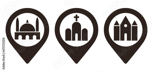 Mosque, church and synagogue map pins. Landmark location pin set. GPS location symbols for apps and websites