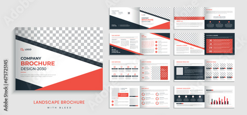 Landscape business company profile brochure design. Corporate 16 page landscape brochure design template with creative shapes