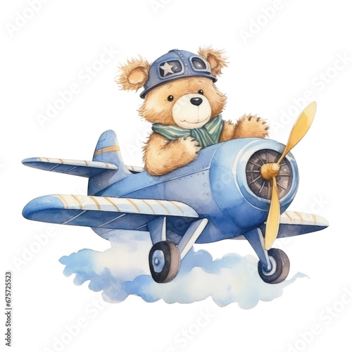 watercolor cute bear airplane blue theme clipart © JR BEE
