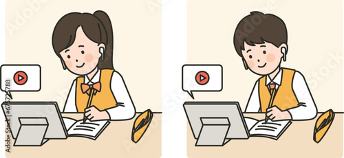 student who listens to Internet lectures front