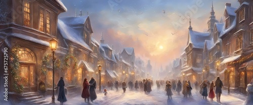 Snow-covered street, Christmas holiday wreaths, lamppost ribbons, shoppers bustling, joyous atmosphere, clear winter day, crisp sunlight, postcard effect