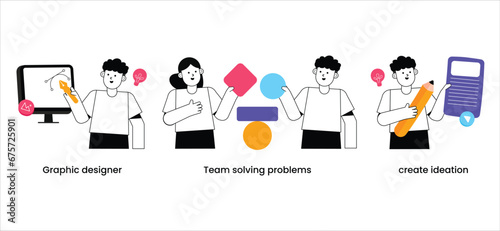 Marketing illustration with team solving problems, create ideation and graphic designer. vector illustration