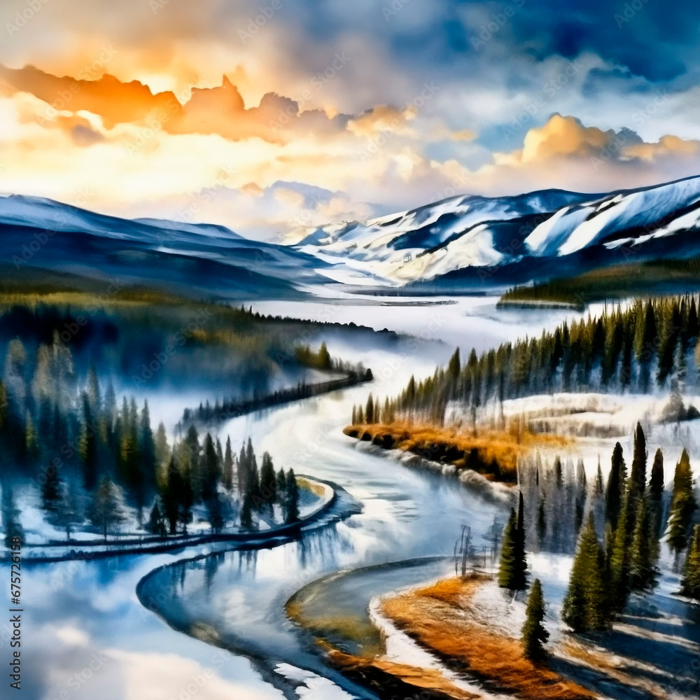 winter landscape, Yellowstone reserve, hand painting