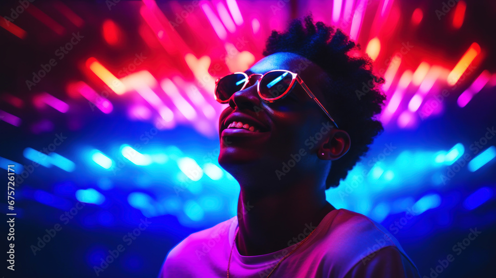 Portrait of young african american guy in neon light. Portrait of young african american guy in neon light.