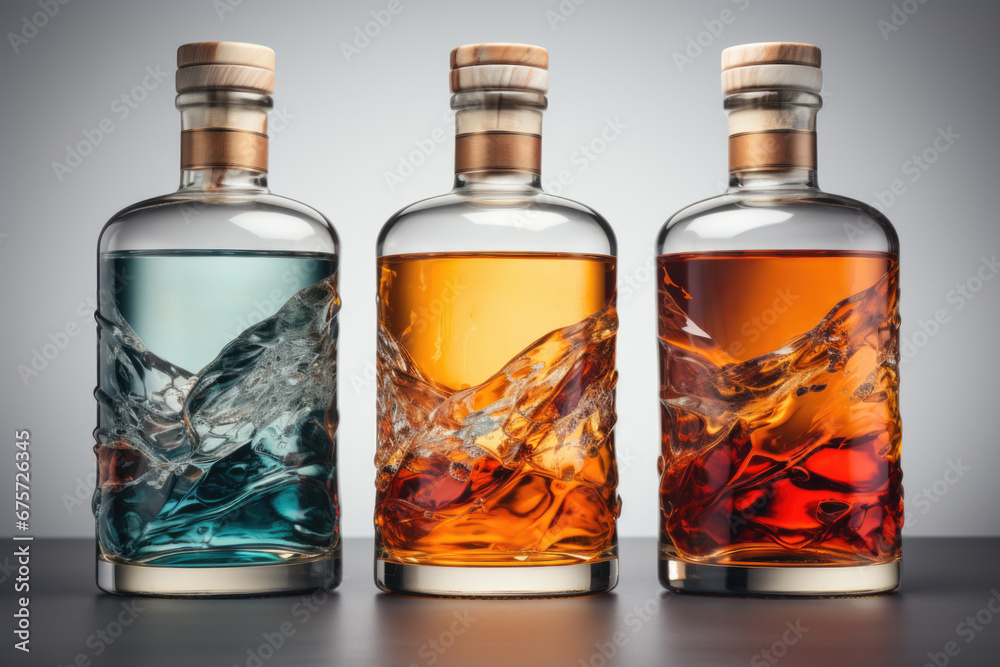 Whiskey bottles with blank label on wooden table. AI generated Whiskey bottles with blank label on wooden table. AI generated