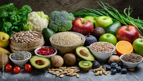 Healthy food selection on gray concrete background