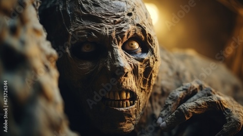 Scary evil mummy climbs out of an ancient Egyptian tomb. Halloween Concept.