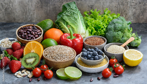 Healthy food selection on gray concrete background