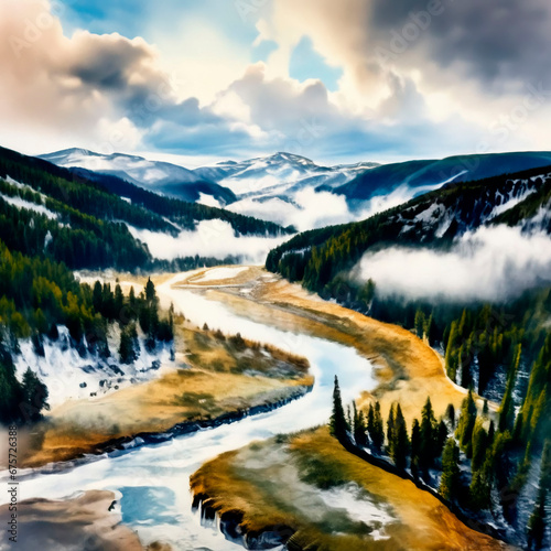 winter landscape, Yellowstone reserve, hand painting