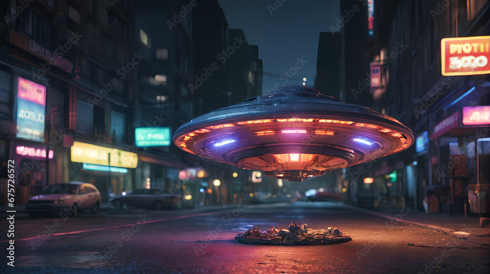 UFO landed on the street. Unsettling presence triggers intrigue and concern, generative AI