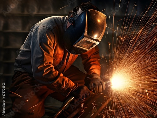 A welding specialist with sparks flying from the welding torch while working to construct a metal structure. Generative AI