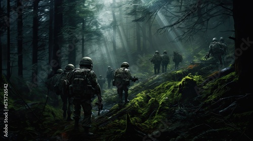 Forces Soldier action in dramatic forest © jambulart