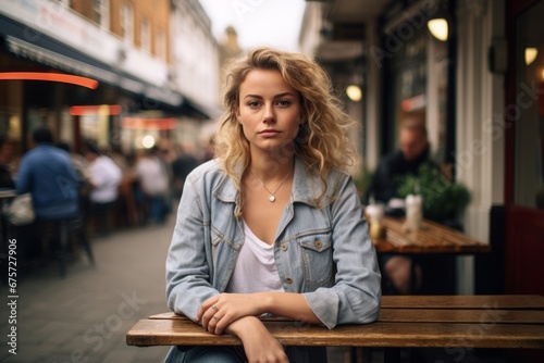 Beautiful young woman sitting at a table in a street cafe.