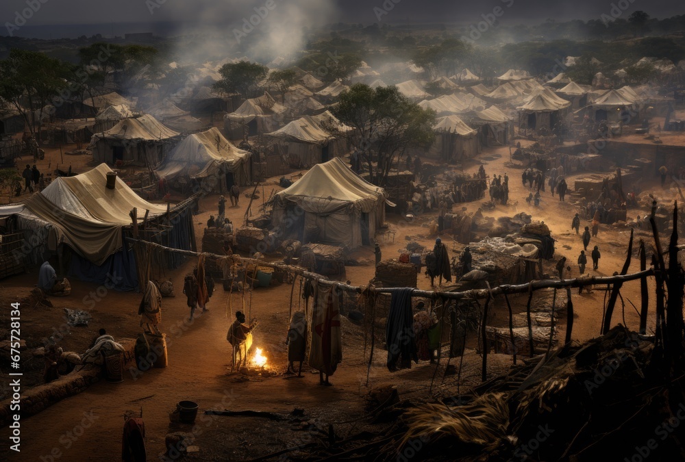 refugee camp with slum camp background