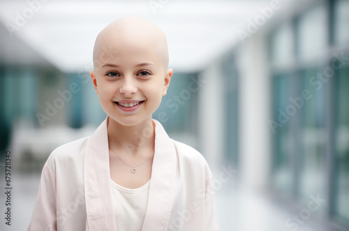 Portrait of a little girl patient with shaved head after chemotherapy looking at camera. Concept of oncology, alopecia. Inspired young bald little girl feeling inspiration, defeating cancer