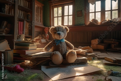 Old house with book stack and teddy bear in room. Classic decor wood home seat. Generate Ai