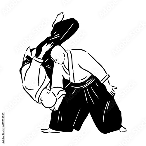 Aikido combat between athletes, stylized vector illustration